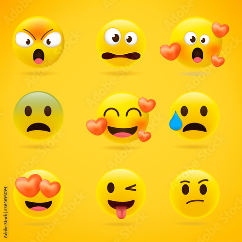 Cartoon emoji collection. Set of emoticons with different mood. 3d style vector illustration isolated on yellow background.