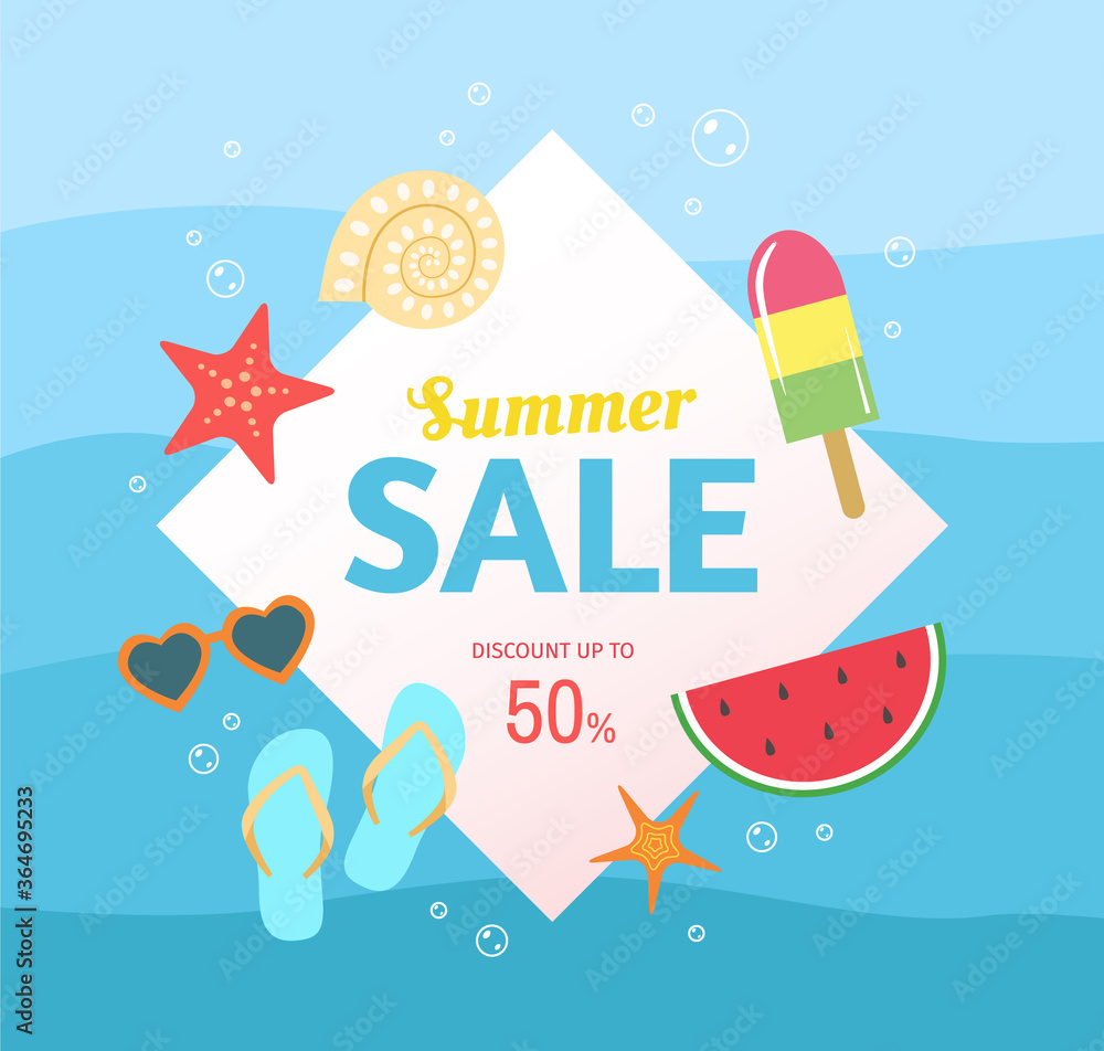 Summer Sale banner design with blue waves and different summer icons such as sea shell, sea star, watermelon, ice cream, sunglasses and more. Discount up to 50%.- Vector