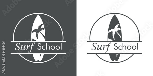 Concepto aprender a surfear. Logotipo con texto Surf School con tabla de surf decorada con palmeras en círculo en fondo gris y fondo blanco