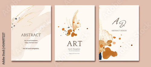 Set of card with abstract shape, splash gold. Wedding watercolor concept. Neutral poster, invite. Vector decorative greeting card or invitation design background