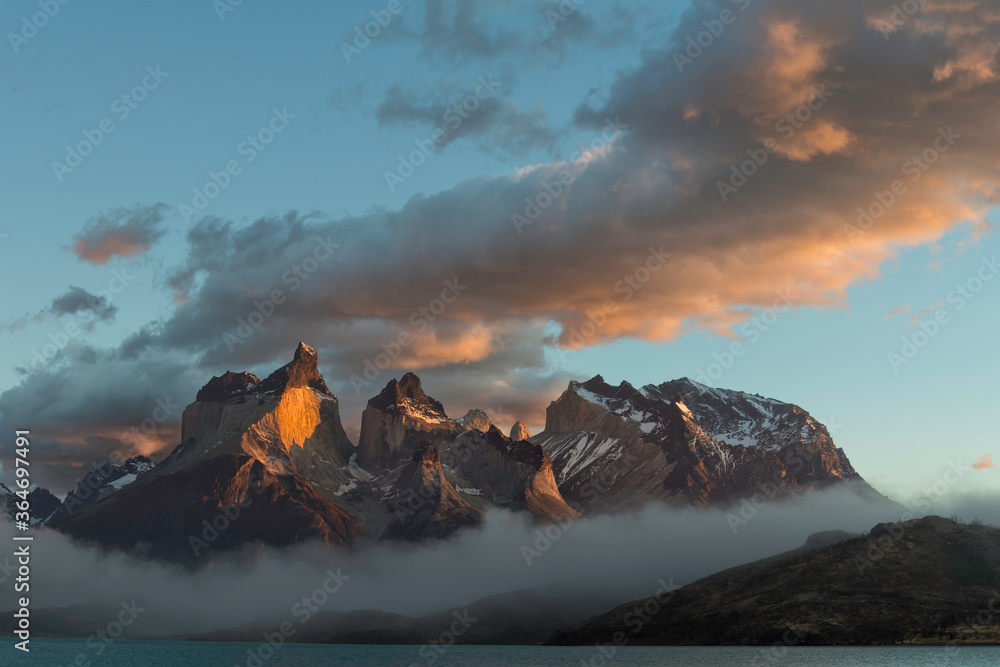 Sunrise over Cuernos del Paine, Torres del Paine National Park and Lago Pehoe, Chilean Patagonia, Chile