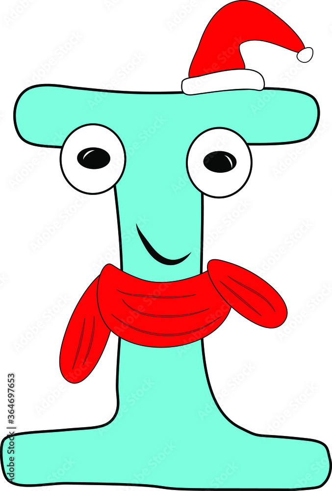 Bright new year's children's font. Christmas. Holiday atmosphere. English Latin alphabet. A sign with eyes and emotions. Fun bright blue kids letter I. Christmas red cap Santa, a scarf.