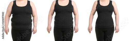 Collage with photos of overweight woman before and after weight loss on white background,closeup. Banner design