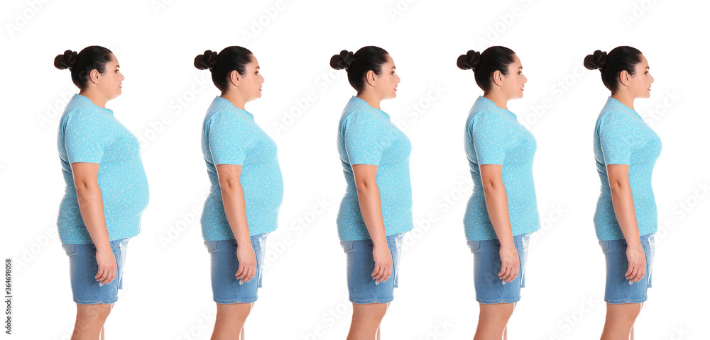 Collage with photos of overweight woman before and after weight loss on ...