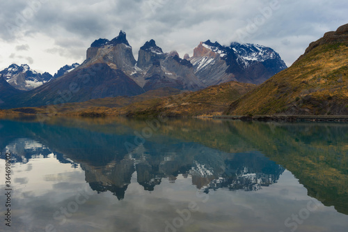 Cuernos del Paine reflecting in Lago Pehoe  Torres del Paine National Park  Chilean Patagonia  Chile