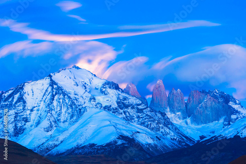 Sunrise over Cuernos des Paine and the Torres  Torres del Paine National Park  Chilean Patagonia  Chile