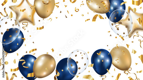 Luxury Gold and Blue foil balloons with confetti in white background vector.  3d realistic vector illustration for anniversary, birthday, sale and promotion,  party design element.
