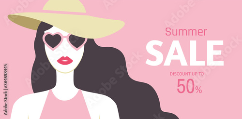 Summer Sale banner design with beautiful long-haired young woman with red lipstic, hat and sunglasses on pink background. Discount up to 50%. - Vector