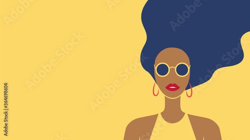 Beautiful long-haired tanned young woman wearing sunglasses portrait. Summer fashion poster. - Vector illustration