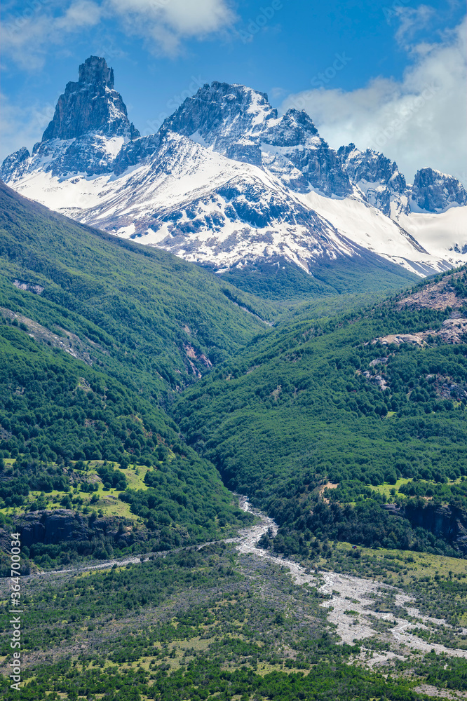 Castillo mountain range and Ibanez river wide valley viewed from the Pan-American Highway, Aysen Region, Patagonia, Chile