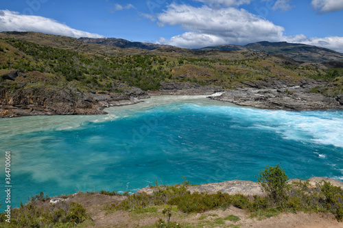 Rapids at the confluence of blue Baker river and grey Neff river, Pan-American Highway between Cochrane and Puerto Guadal, Aysen Region, Patagonia, Chile