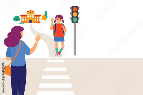 Schoolgirl crossing a road on her way to school, mother saying goodbye. Crossing the road safely concept illustration. 