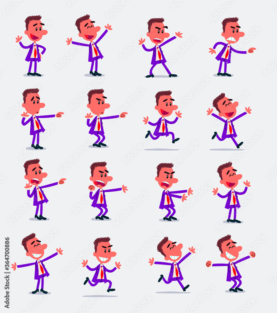 Cartoon character businessman in smart casual style. Set with different postures, attitudes and poses, doing different activities in isolated vector illustrations.
