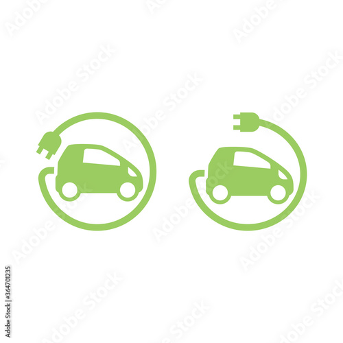 Electric car with plug cable circle. Vector electric car with power symbol icon.