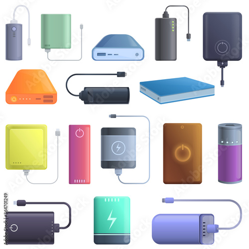 Power bank icons set. Cartoon set of power bank vector icons for web design