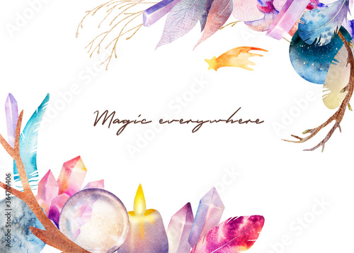 Watercolor illustration. Magical frame. Crystals, candle, feathers, magic ball, star, branches