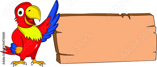 colorful funny happy young smart parrot showing blank empty banner sign