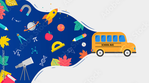 School bus, back to school concept illustration with icons of supplies and books. Vector background design