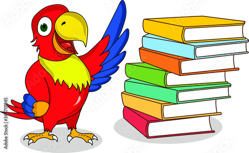 smart wonderful cartoon character parrot presenting stack of books