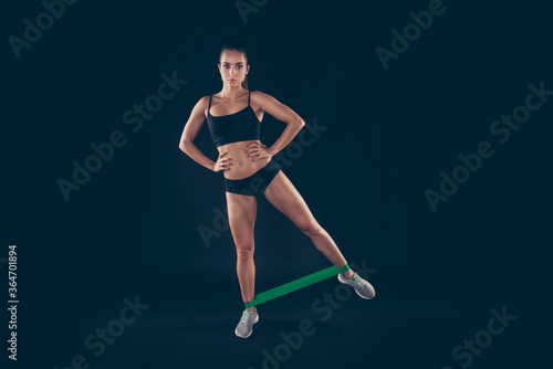 Full length body size view portrait of her she nice-looking attractive sportive perfect slim thin lady working out program self motivation isolated over black background