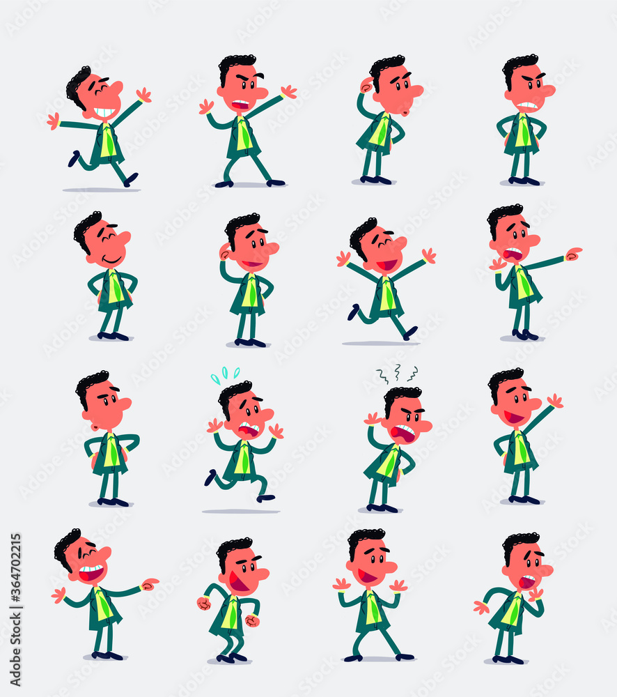 Naklejka premium Cartoon character businessman in smart casual style. Set with different postures, attitudes and poses, doing different activities in isolated vector illustrations. 