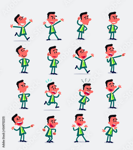 Cartoon character businessman in smart casual style. Set with different postures, attitudes and poses, doing different activities in isolated vector illustrations. 