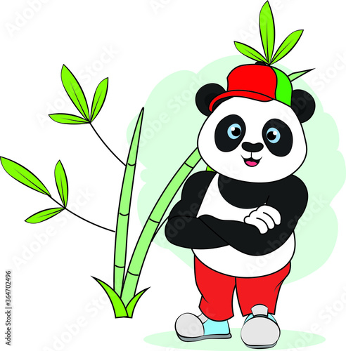 amazing smart sweet lovely funny sports panda mascot standing hat on head with bamboo forest background photo