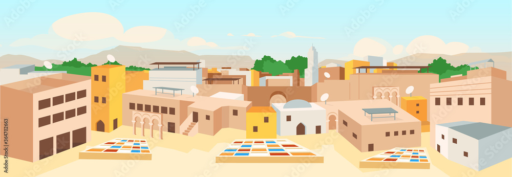 Old arab city flat color vector illustration