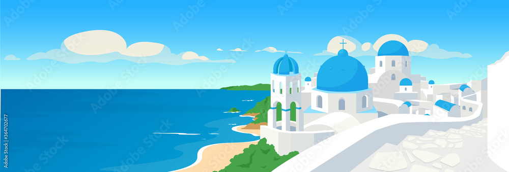 Naklejka premium Greek coastal town flat color vector illustration