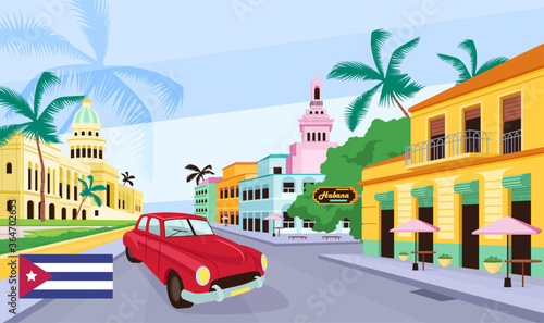Cuban old street flat color vector illustration