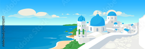 Greek coastal town flat color vector illustration