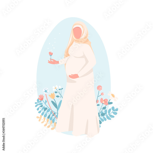 Pregnant muslim woman flat color vector faceless character