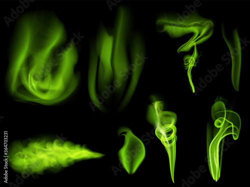 Green smoke set on black background. Bad smells most toxic smog