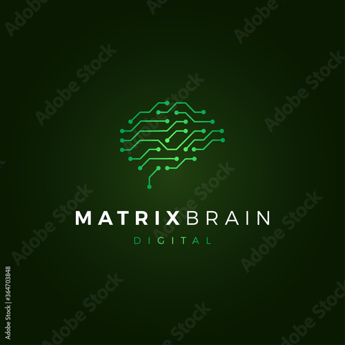 Human brain, abstract logo digital microcircuit with green lines and dots, matrix brain, vector illustration on black background