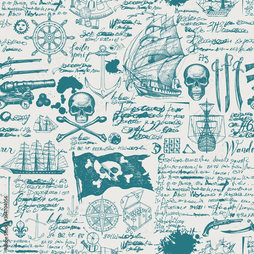 Vintage seamless pattern with pirate flag, skulls, crossbones, swords, guns, caravels and other nautical symbols. Vector hand-drawn background with sketches and illegible handwritten notes