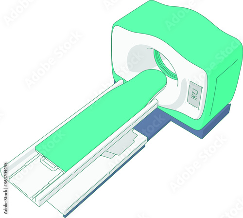 birds eye cute illustration of MRI scanner medical equipment