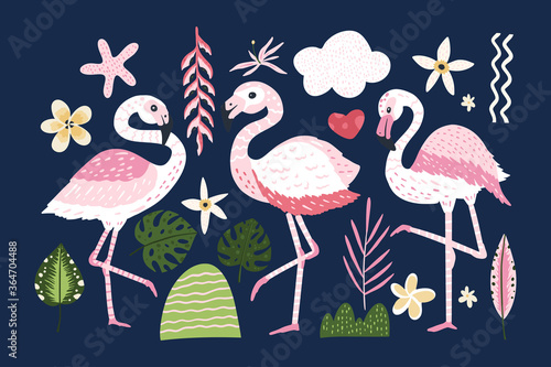 Flamingo vector cartoon animal set. Nature flowers leaves and tropical wildlife bird collection. Pink bird collection.