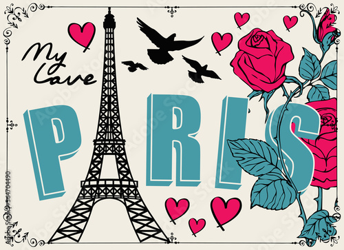 French postcard or banner with the famous Eiffel Tower, pink roses, hearts and pigeons on a light background in cartoon style. Flat vector illustration with words Paris my love
