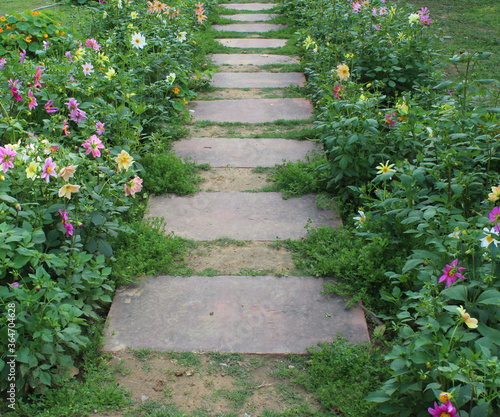 Closeup of a stone path in a garden in New Delhi, India