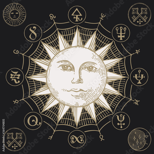 Hand-drawn Sun with magic symbols and anthropomorphic face in retro style on the black background. Vector banner with esoteric signs written in a circle
