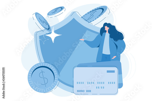 Safe money in credit card, bank, Vector illustration for web banner, infographics, mobile. Shield, coins, bank worker.