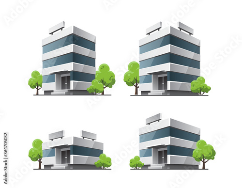 Set of modern office vector building illustrations icons in 3d perspective view with blue glass facade reflections. House, urban shop with green trees in cartoon style. Isolated on white background.