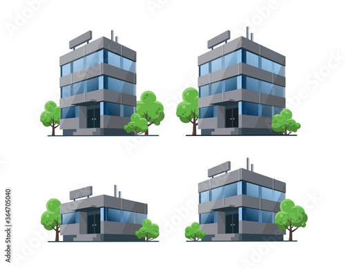 Set of modern office vector building illustrations icons in 3d perspective view with blue glass facade reflections. House, urban shop with green trees in cartoon style. Isolated on white background.