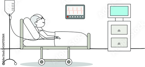 A serious patient laying in hospital bed saline in his hand