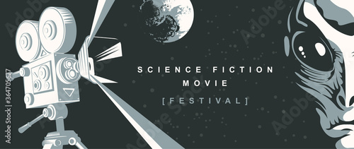 Cinema poster for science fiction movie festival with old-fashioned movie projector, alien face and moon on the starry sky. Suitable for banner, flyer, billboard, web page, ticket