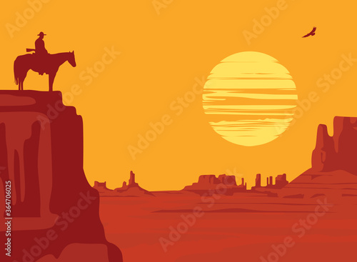 Western landscape with wild American prairies and silhouette of a cowboy riding a horse on top of a cliff and flying hawk at the orange sunset. Vector illustration, Wild West vintage background