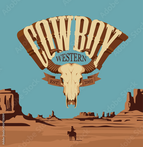 Wild West banner with a bull skull and Western landscape. Vector vintage illustration with the lettering Cowboy on the background of a hot prairie with the silhouette of a lone rider on a horse