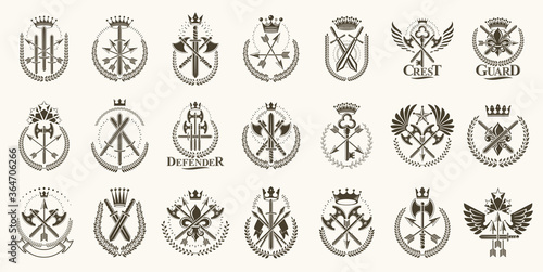 Vintage weapon vector logos or emblems, heraldic design elements big set, classic style heraldry military war armory symbols, antique knives compositions.