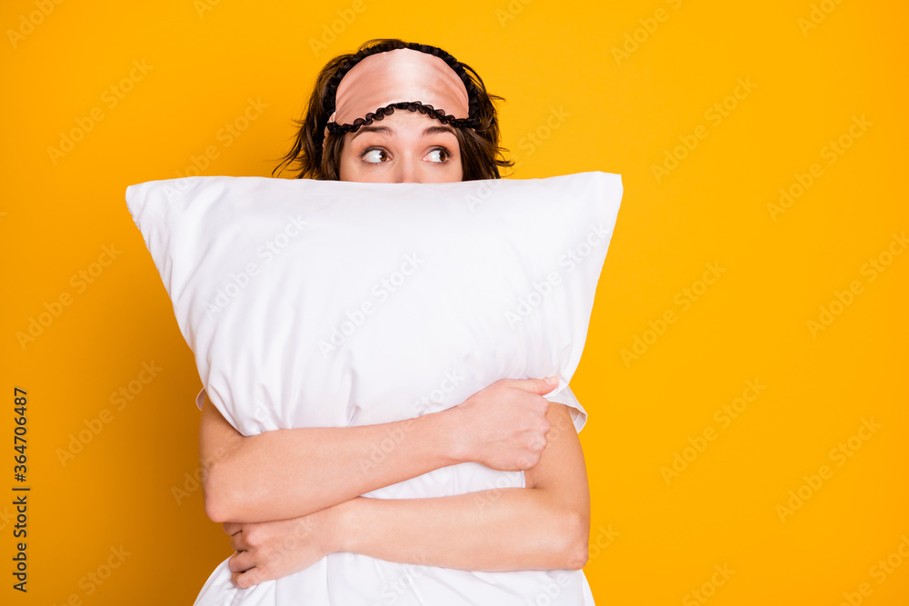 Portrait of shocked terrified girl see nightmare embrace her soft pillow look copyspace wear pajama eye mask isolated over bright shine color background - obrazy, fototapety, plakaty 