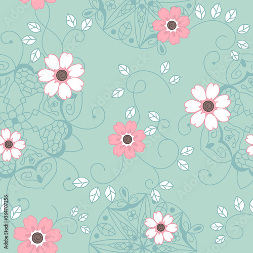 Seamless surface repeat vector pattern design with pink and white flowers and little white leaves and vines with beautiful mandalas on a turquoise background